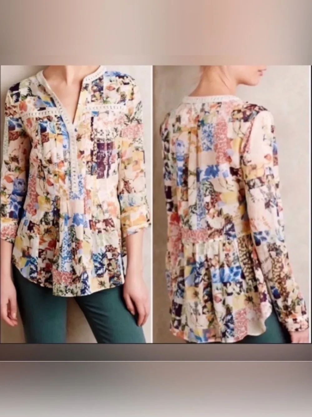 Anthropologie Maeve Abella Floral Print Patchwork Peasant Blouse